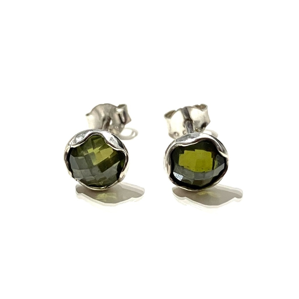 Sterling Silver 925 Green Stone Bezel Stud Earrings